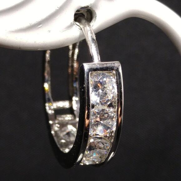Silver 925 Hoop Post Earrings, Clear Rhinestones, 3/4 Inch - Picture 4 of 10